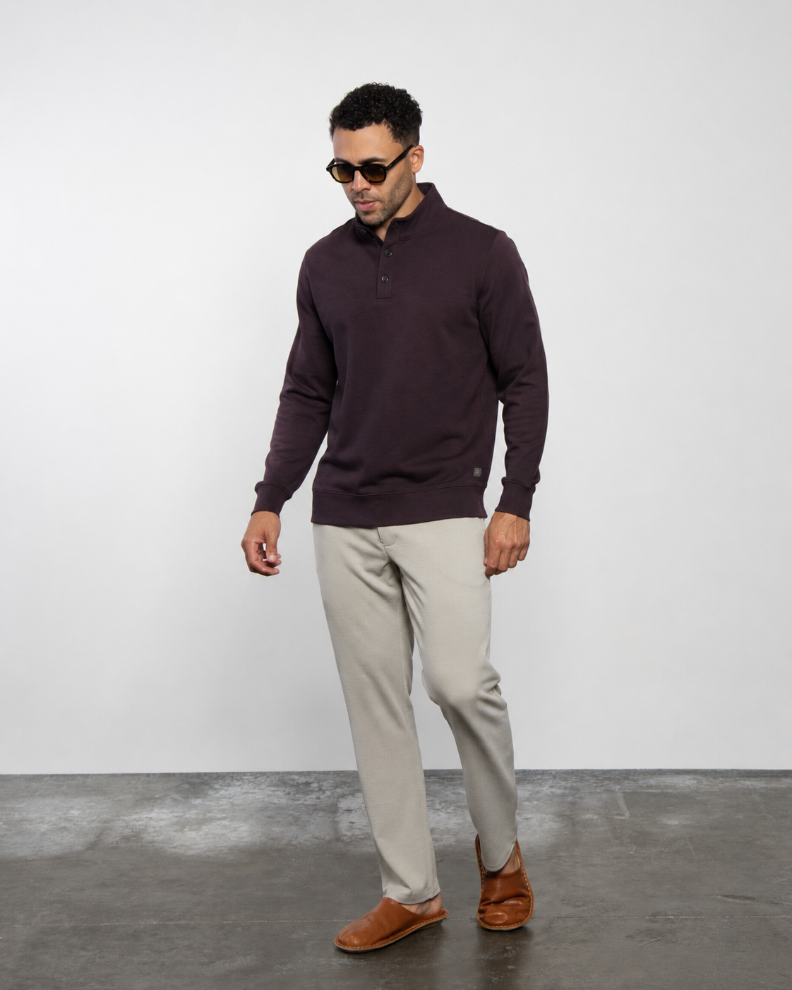 Wine mock-neck button pullover sweater