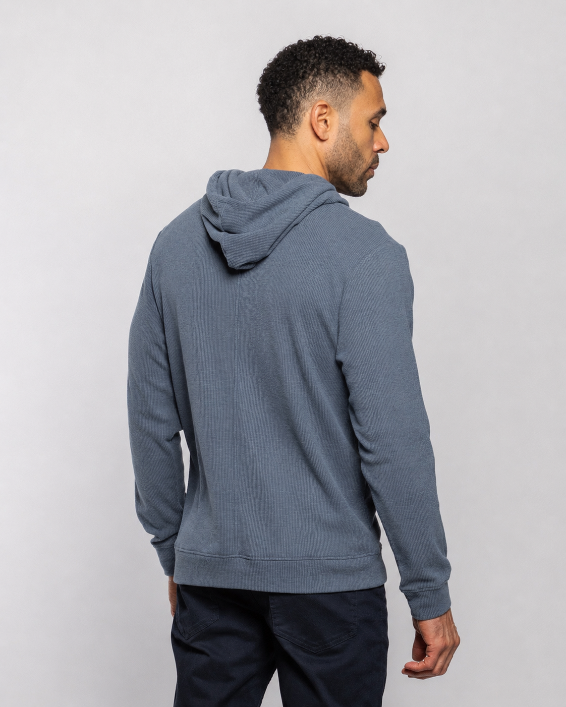 Dark slate pullover hoodie with hood, rear view, long sleeves
