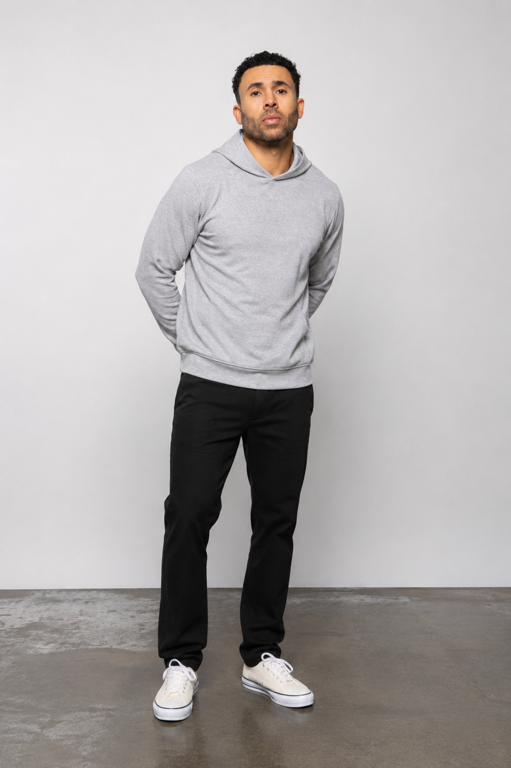Heather gray pullover hoodie with hood, kangaroo pocket, front view