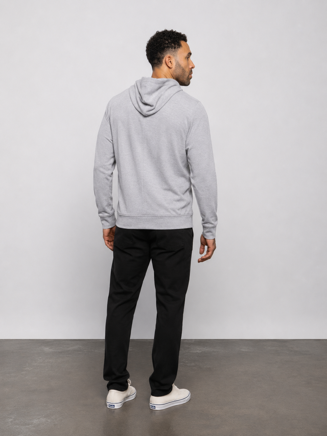 Heather gray pullover hoodie with hood, kangaroo pocket, long sleeves