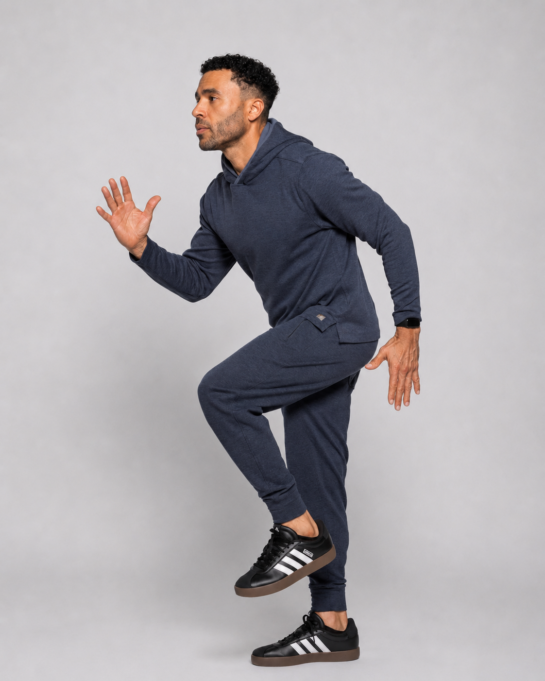 Indigo night jogger pants, side view, drawstring waist and ribbed cuffs