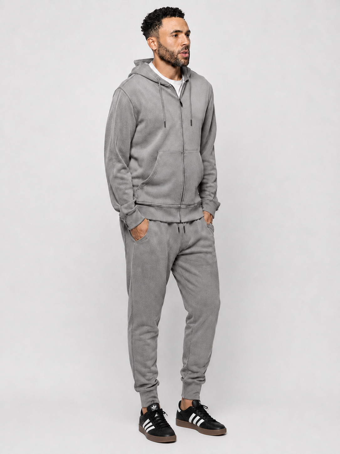 Concrete gray jogger pants with drawstring waist and ribbed ankle cuffs