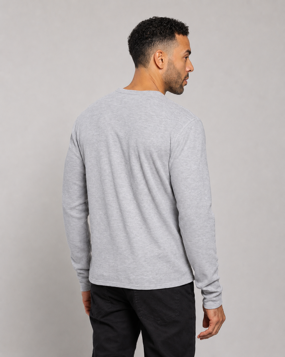 Men's heather gray long-sleeve henley shirt, back view