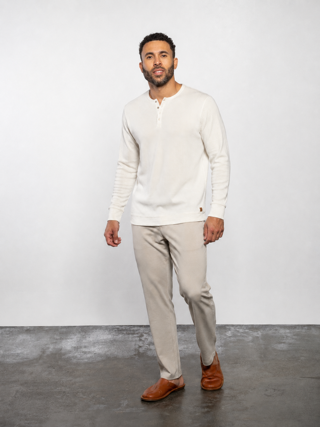 Men’s smooth henley long-sleeve shirt, summer white with button placket