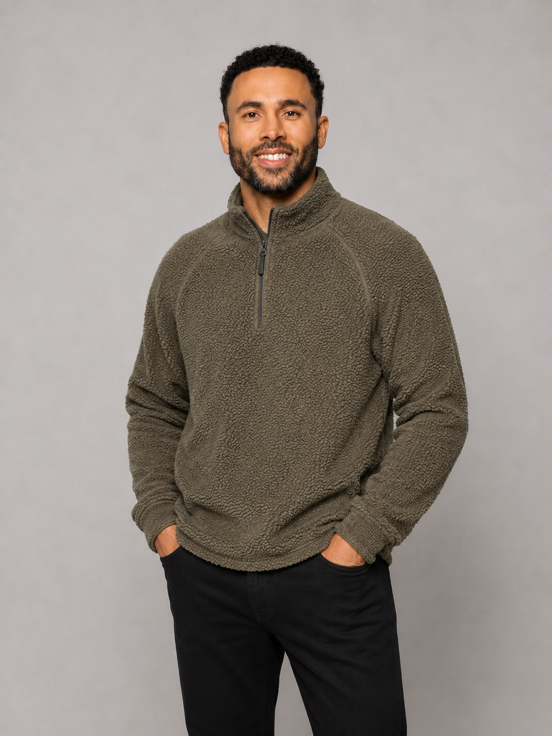 Men's fatigue olive quarter-zip fleece pullover with stand collar and long sleeves