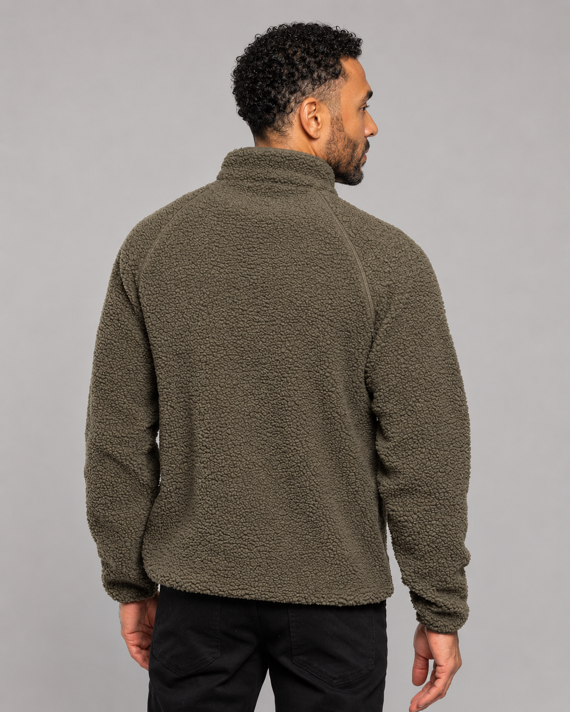 Men's fatigue olive quarter-zip fleece with full back view and long sleeves