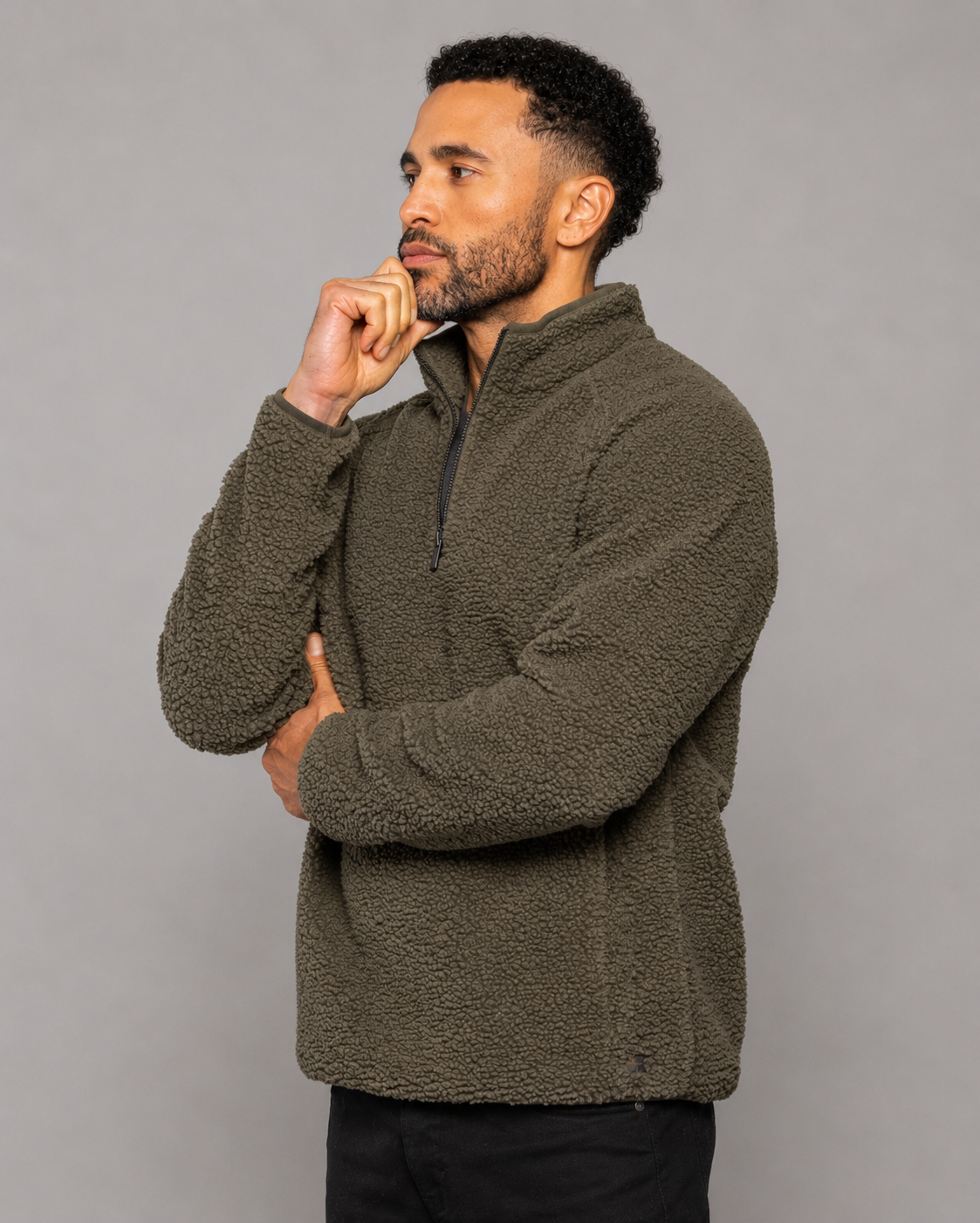 Men's fatigue olive quarter-zip fleece pullover with half-zip collar