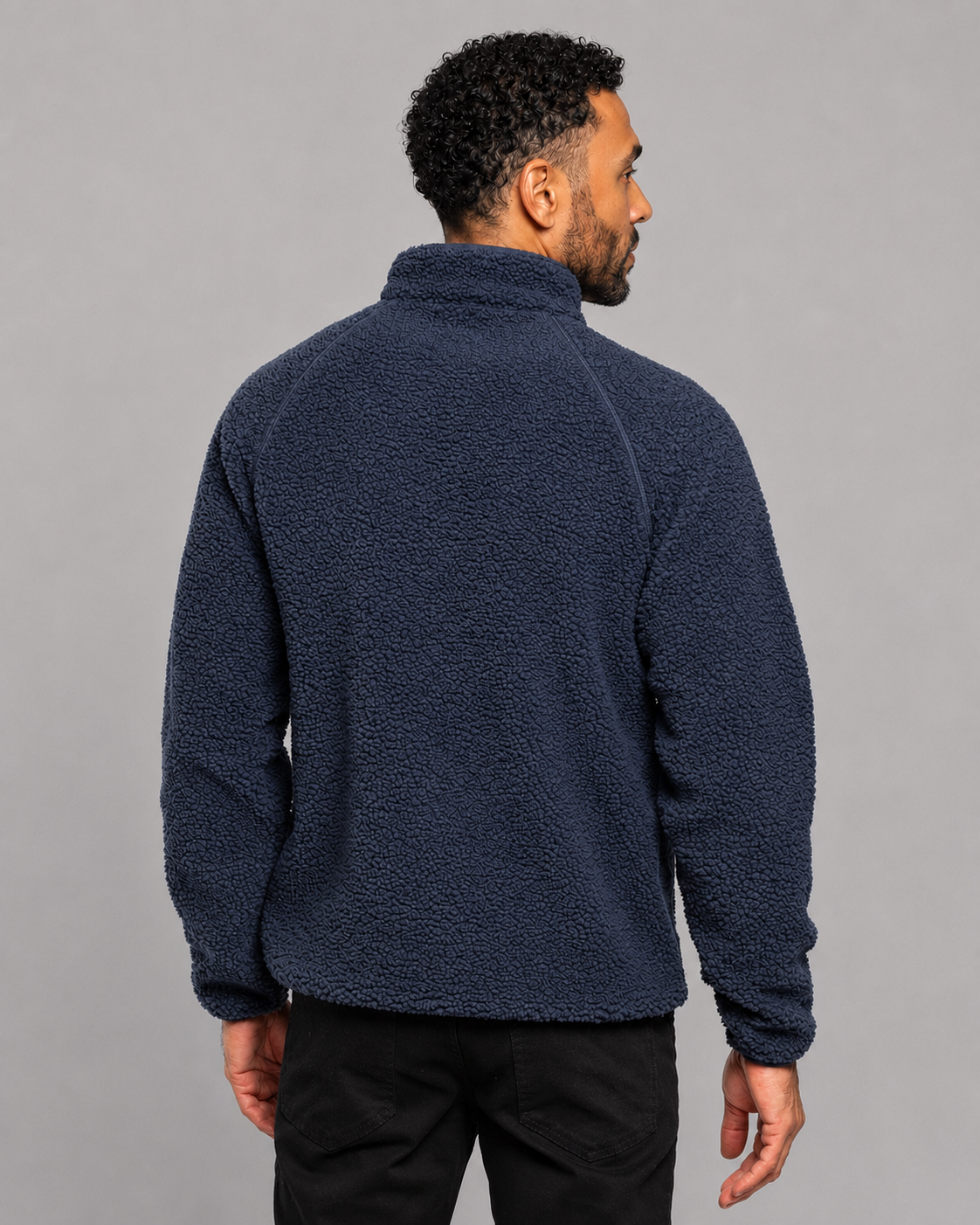 Indigo night quarter-zip fleece pullover, full back view, long sleeves