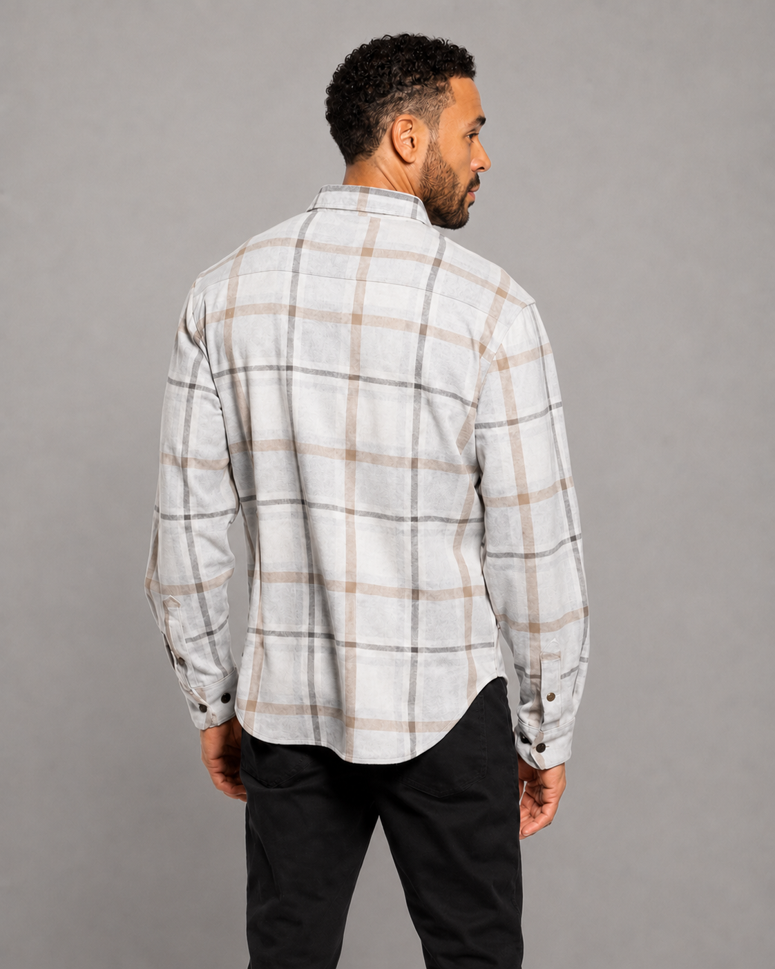 Men's plaid button-up shirt in white with gray check pattern, back view