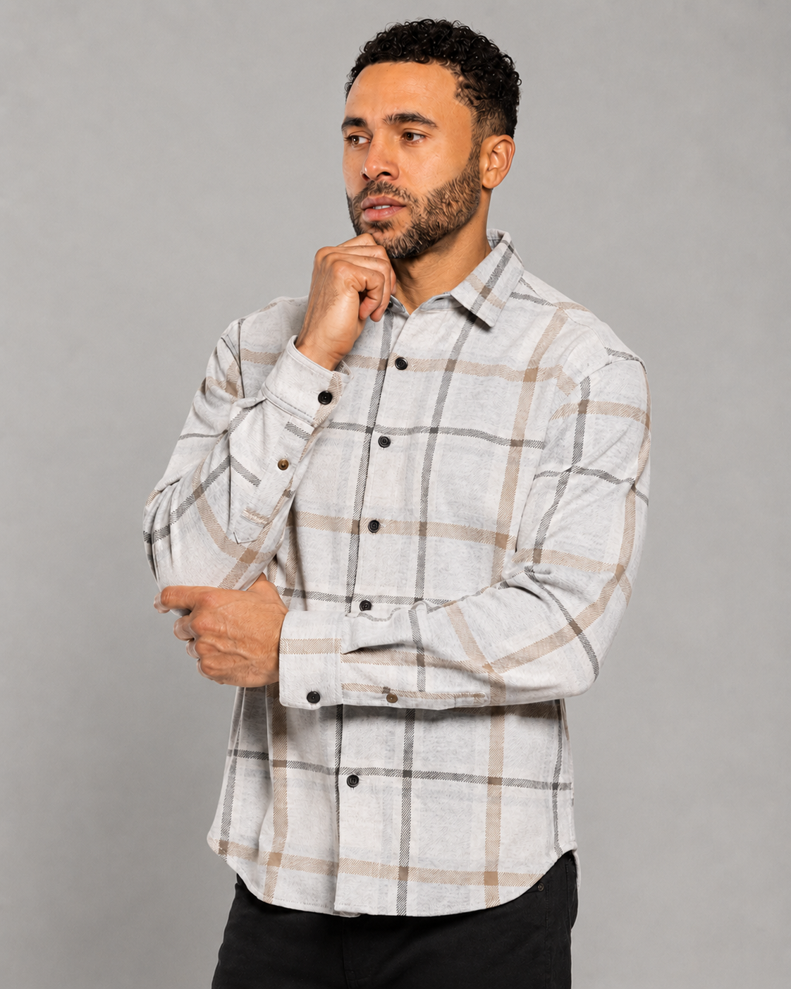 Men's long-sleeve plaid button-up shirt in white with gray check pattern