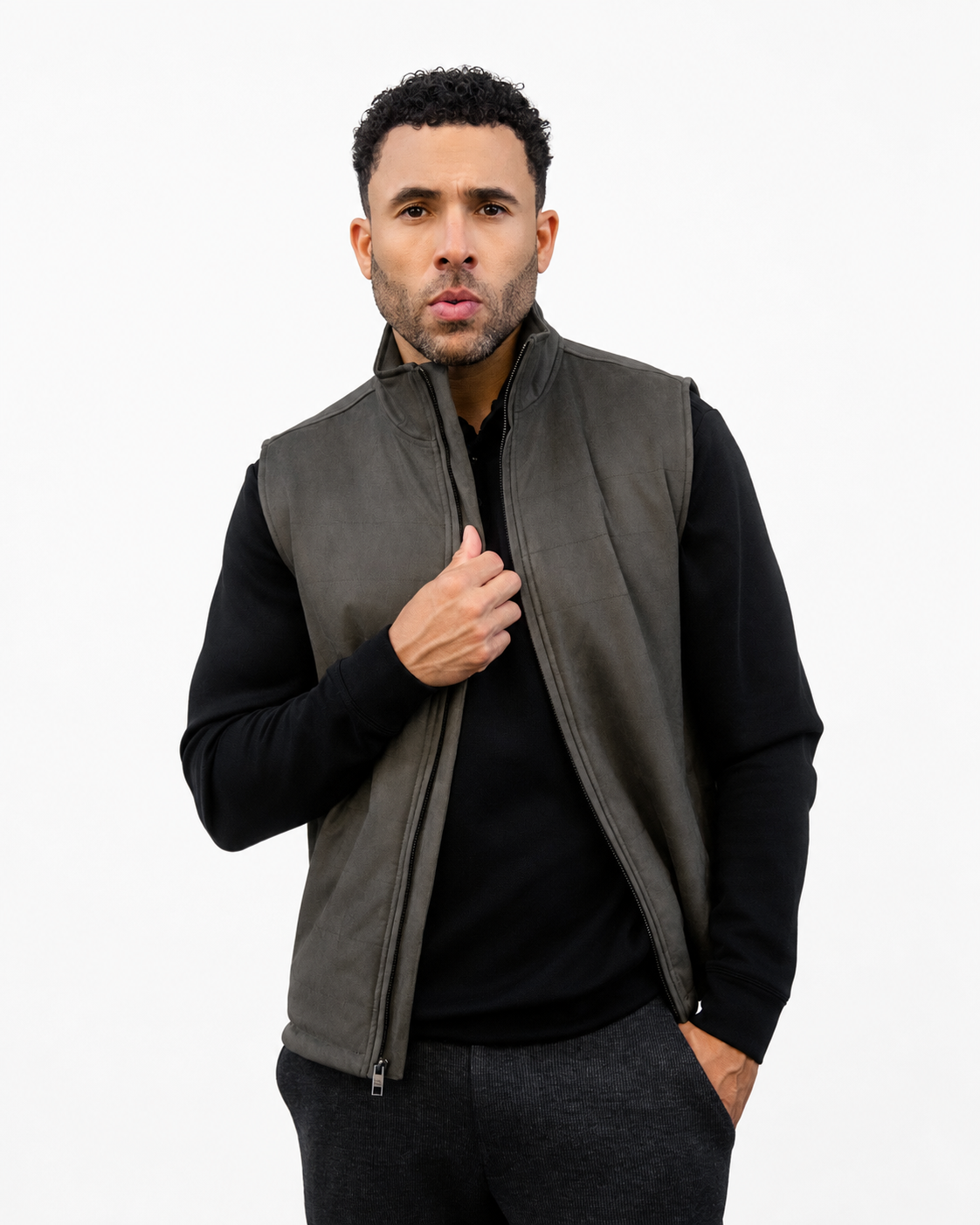 Men's forest green suede vest with front zipper and stand collar
