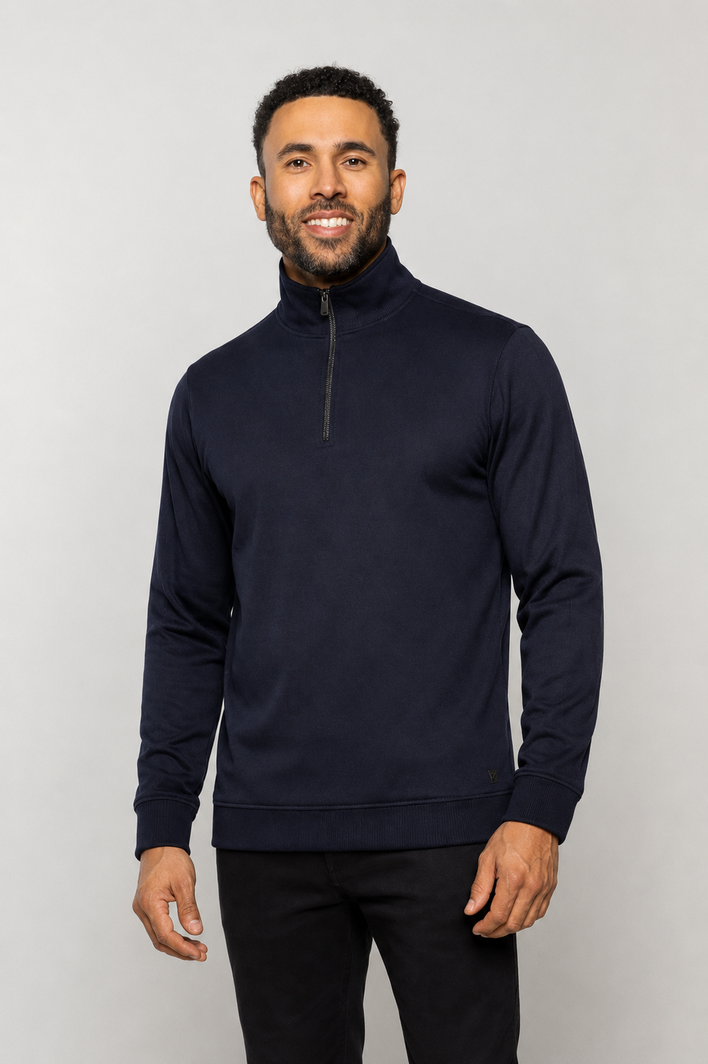 HERMOSA indigo night quarter-zip pullover with high collar and long sleeves