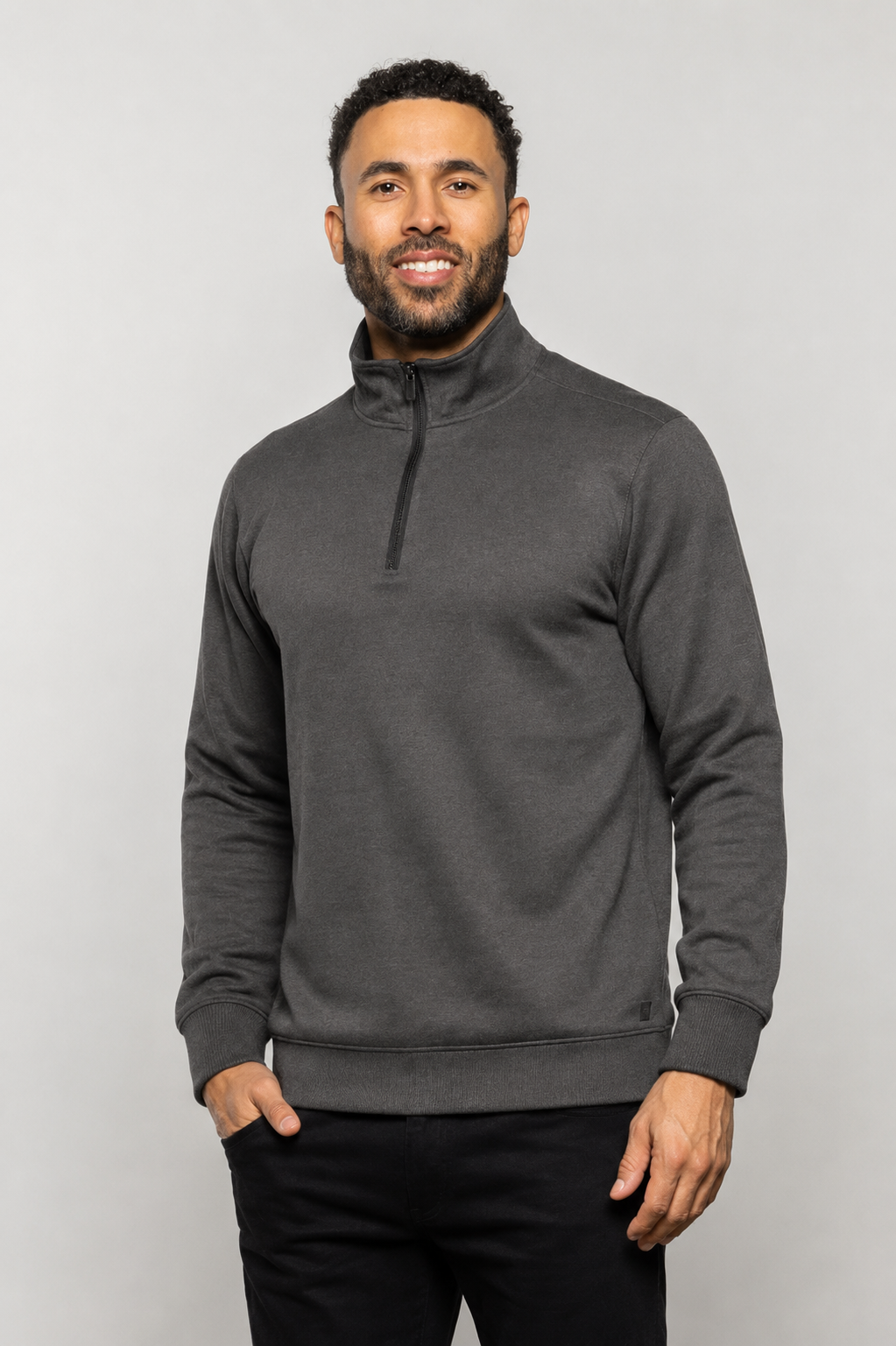 HERMOSA quarter-zip sweatshirt in jet black, long sleeves, stand collar, pullover style.