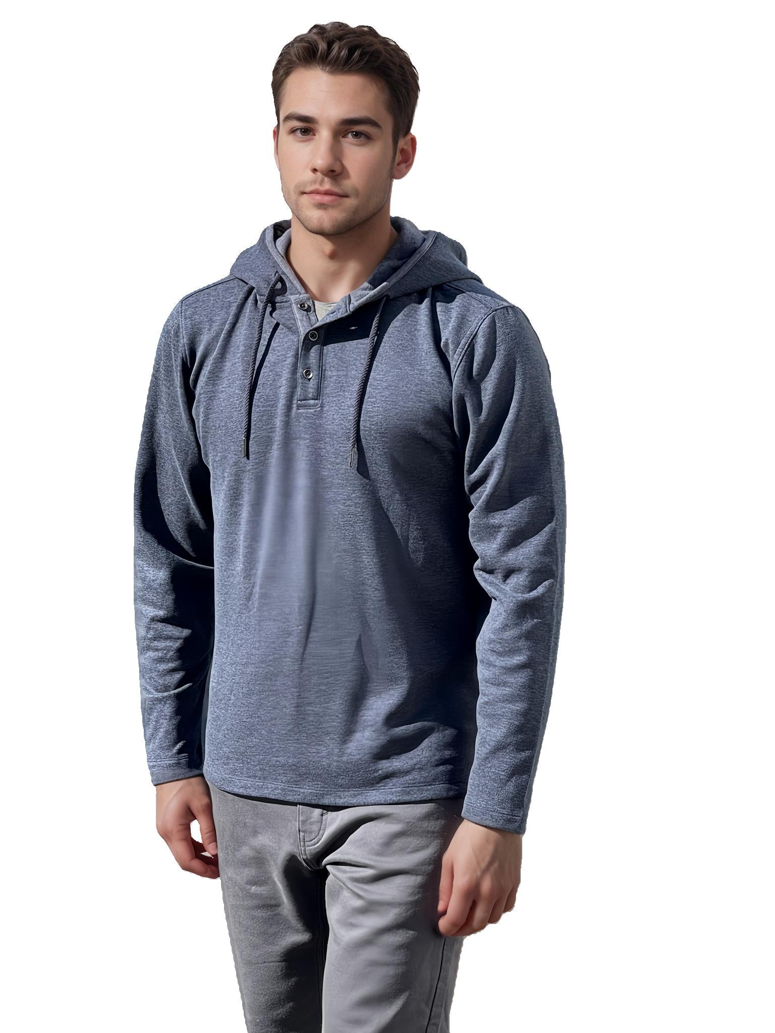 Men's indigo hoodie with drawstring hood, front kangaroo pocket, long sleeves
