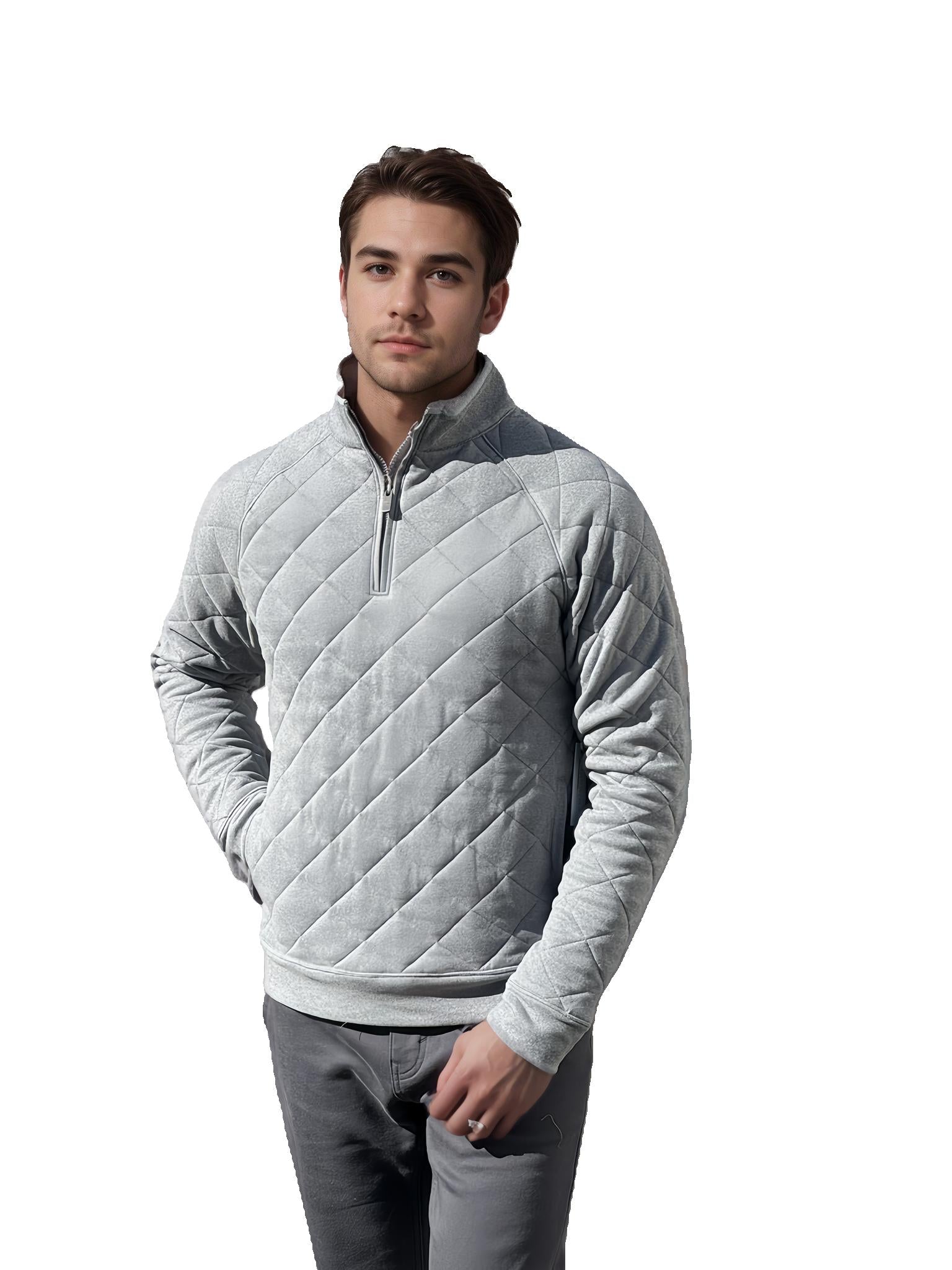 Men's quilted quarter-zip pullover, light gray with zip collar