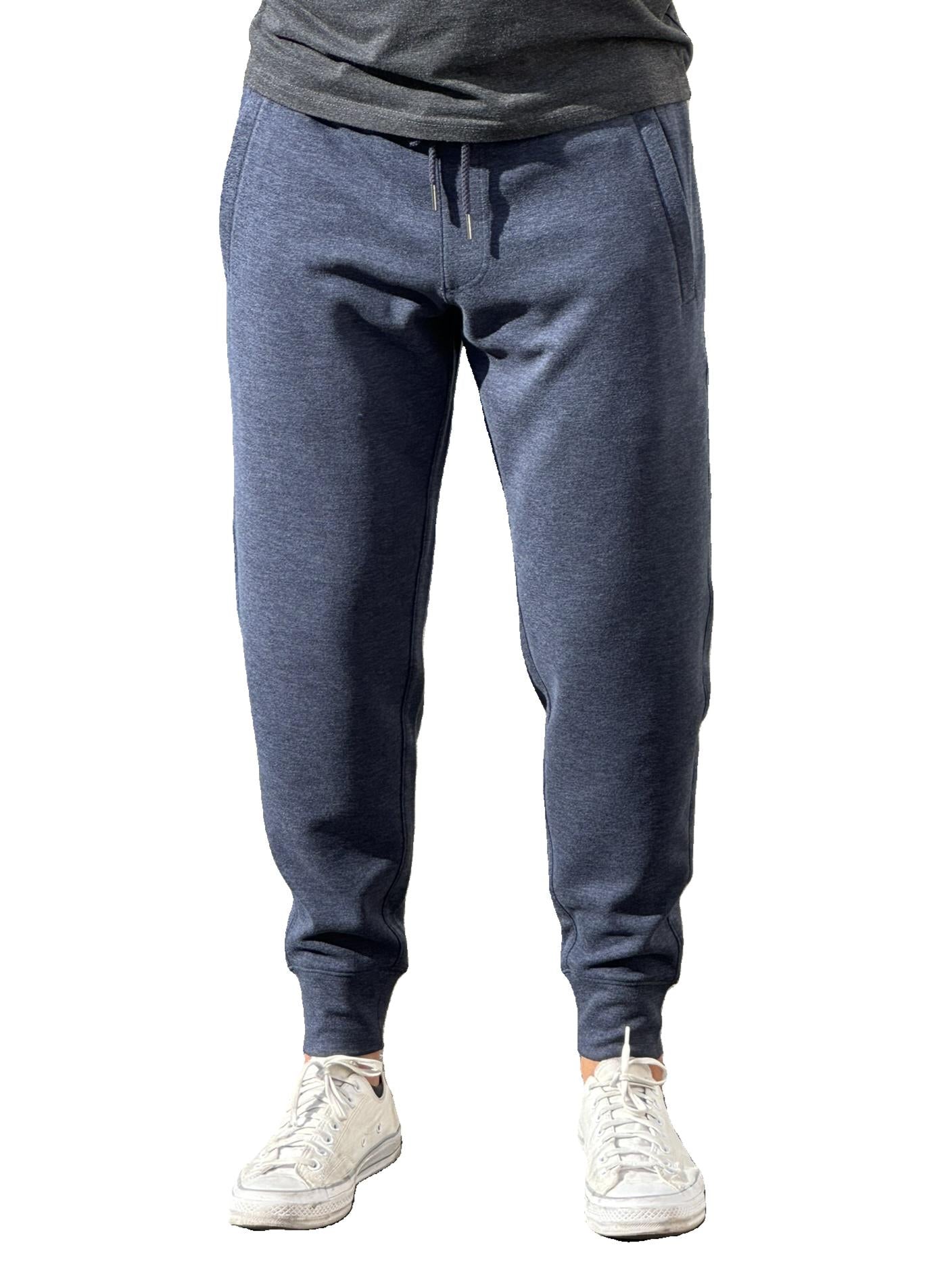 Indigo jogger pants with drawstring waist and tapered legs