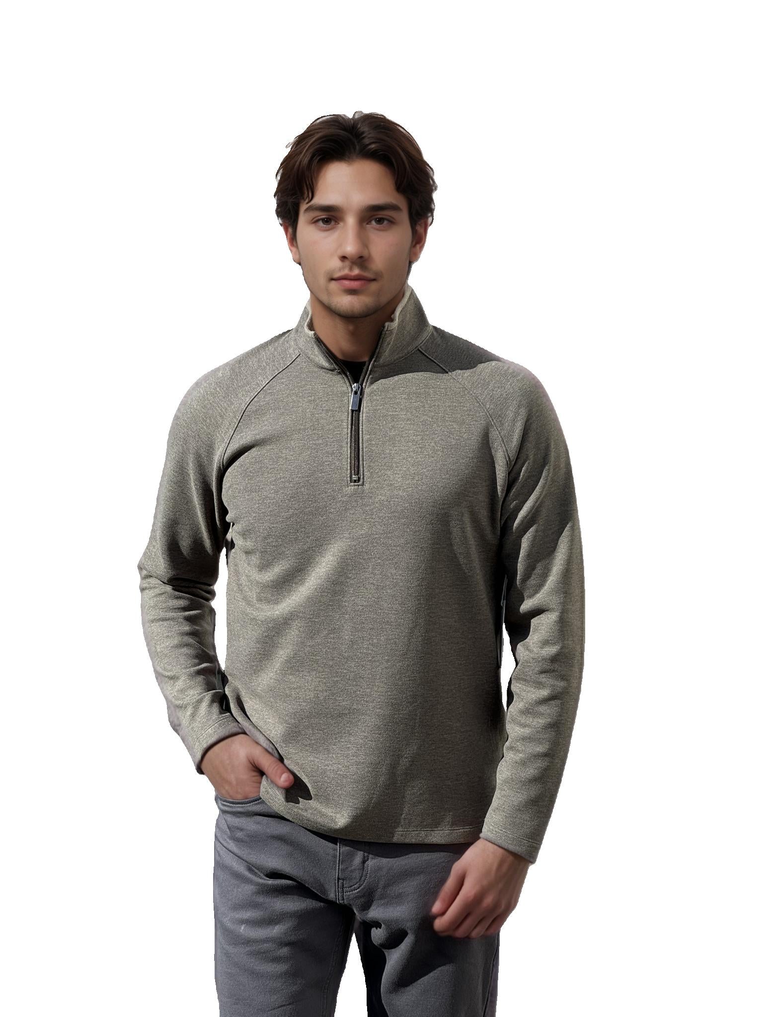 Men's gunmetal quarter-zip pullover with long sleeves and stand collar