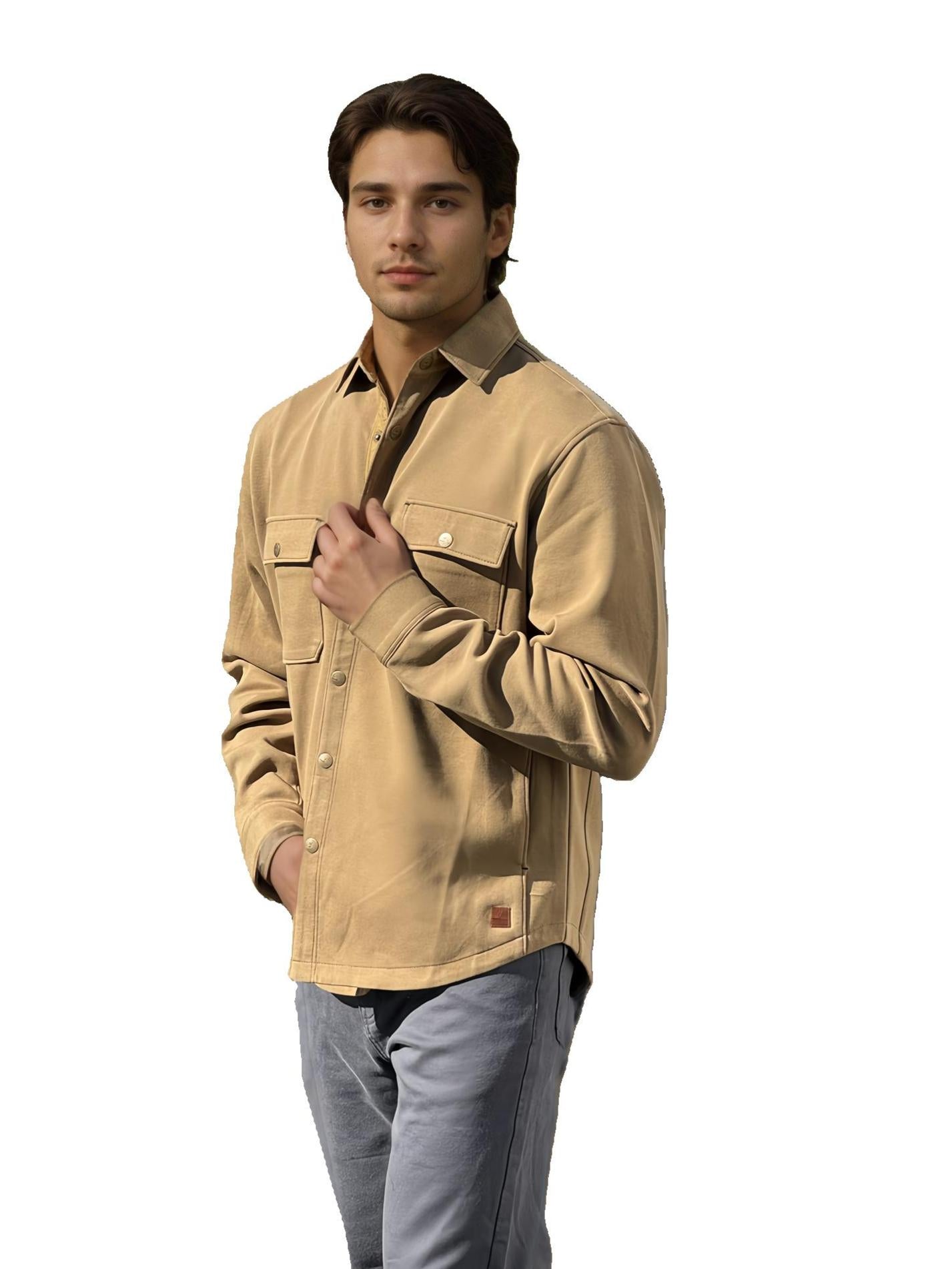Griffin shirt jacket in light tan with button front, stand collar, two chest pockets