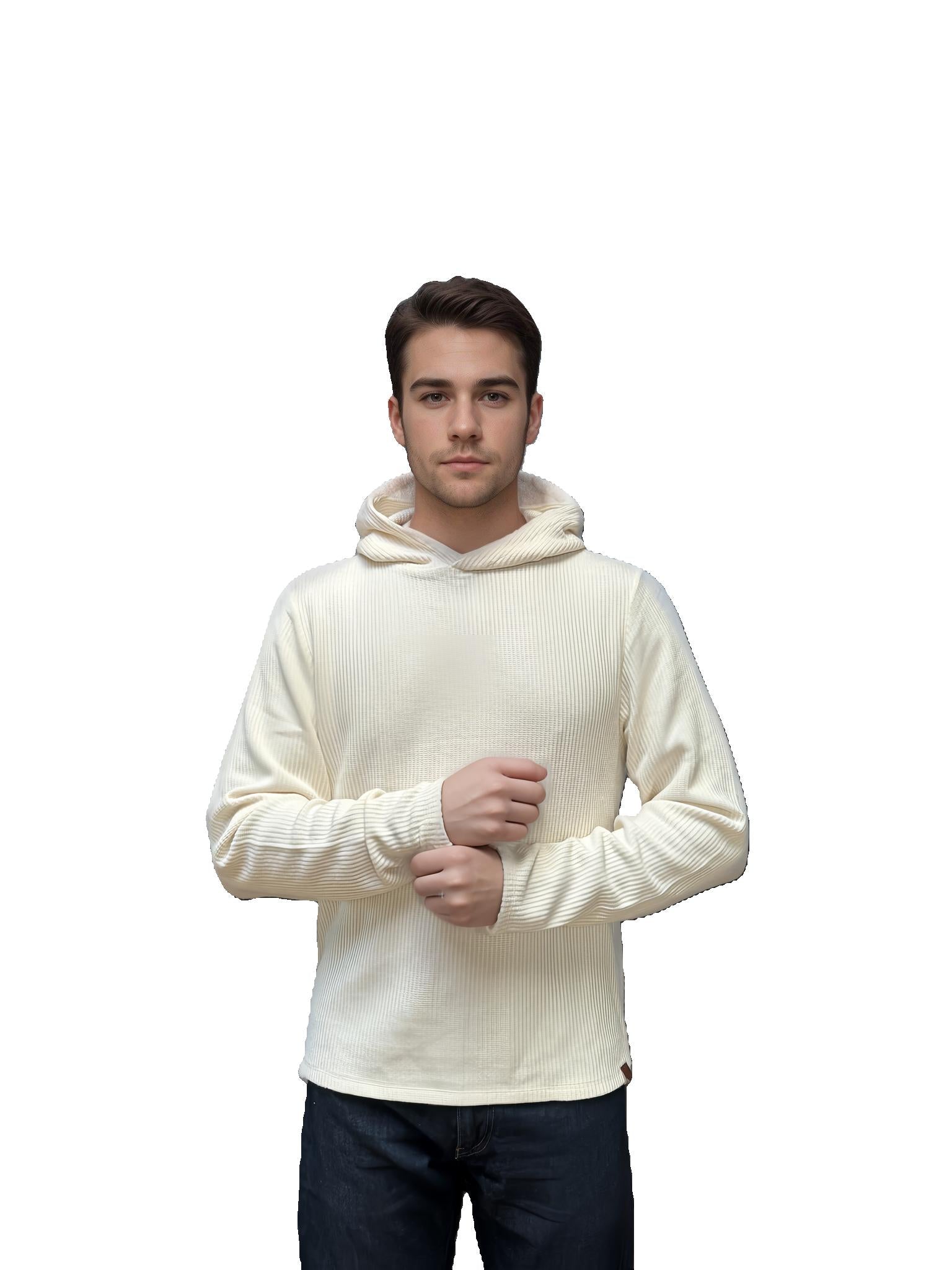 Off-white ribbed hoodie with adjustable hood and kangaroo pocket, long sleeves