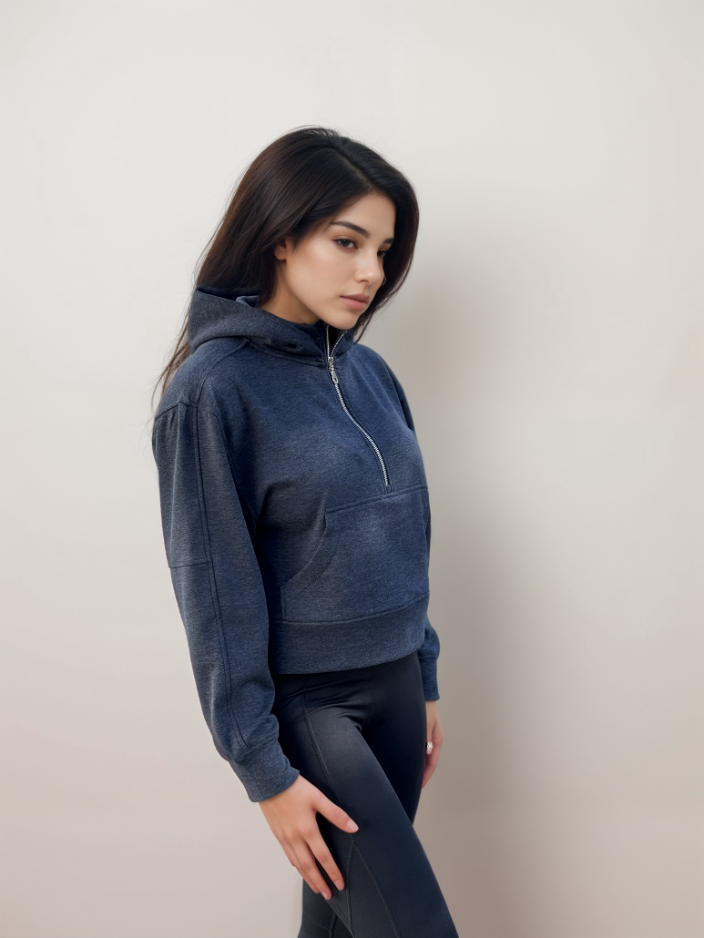 ASHER indigo night half-zip hoodie with hood and long sleeves, front zipper