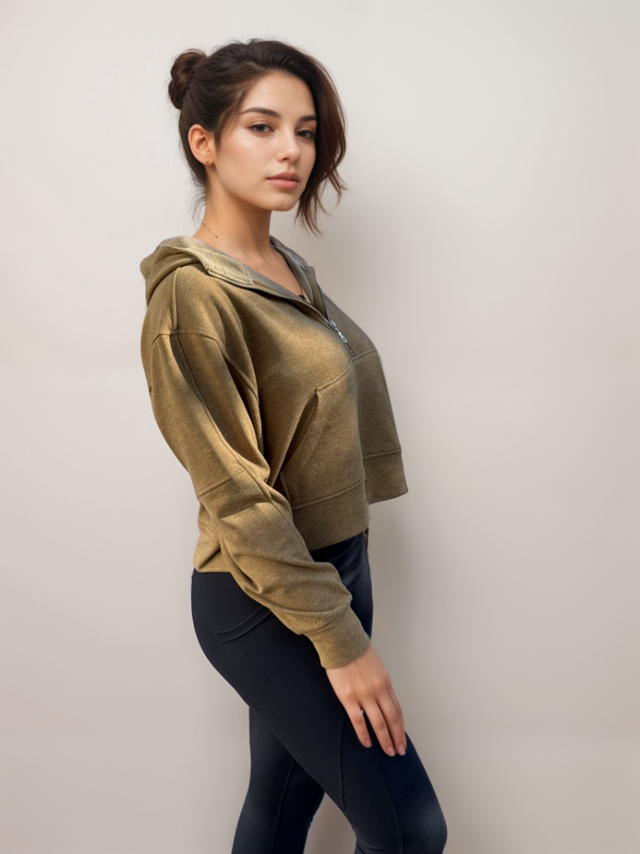 Olive half-zip hoodie with hood and kangaroo pocket, long sleeves, side view