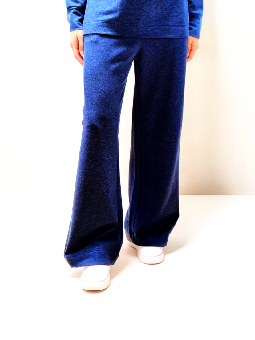 Indigo night wide-leg pants in dark indigo knit with relaxed straight-leg fit