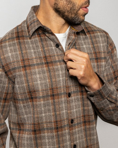 Men's wood plaid flannel button-up shirt with long sleeves