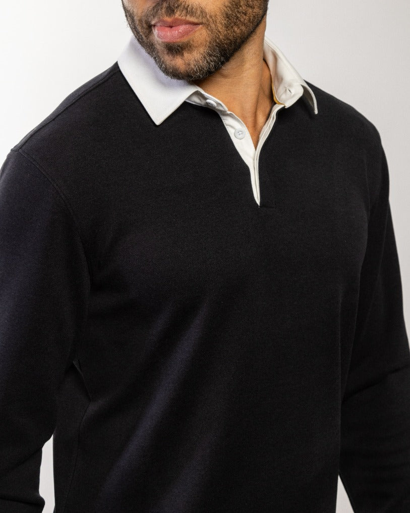 ALPINE jet black rugby top with long sleeves, white button collar, knit placket