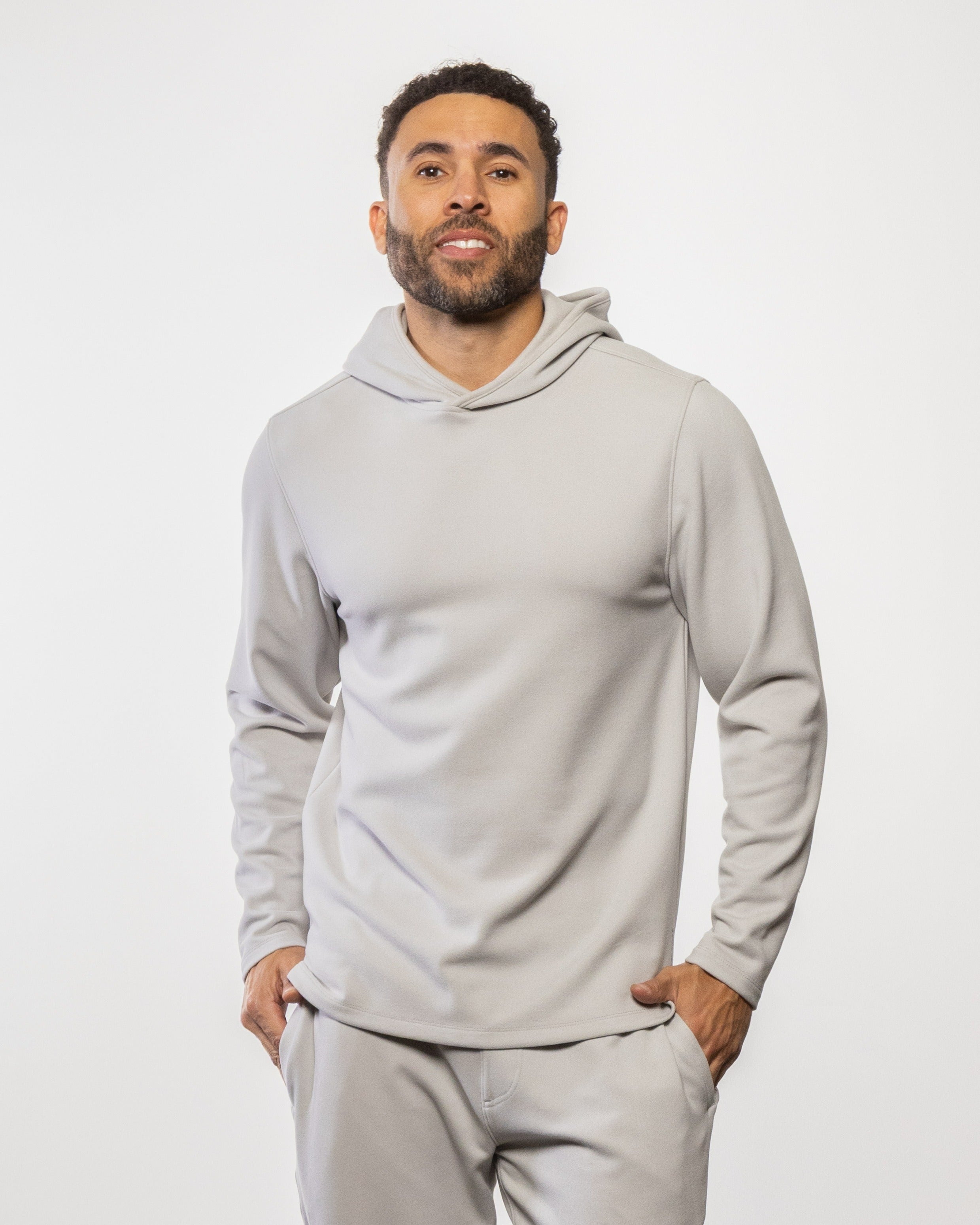 Men's cement gray pullover hoodie with adjustable hood and kangaroo pocket