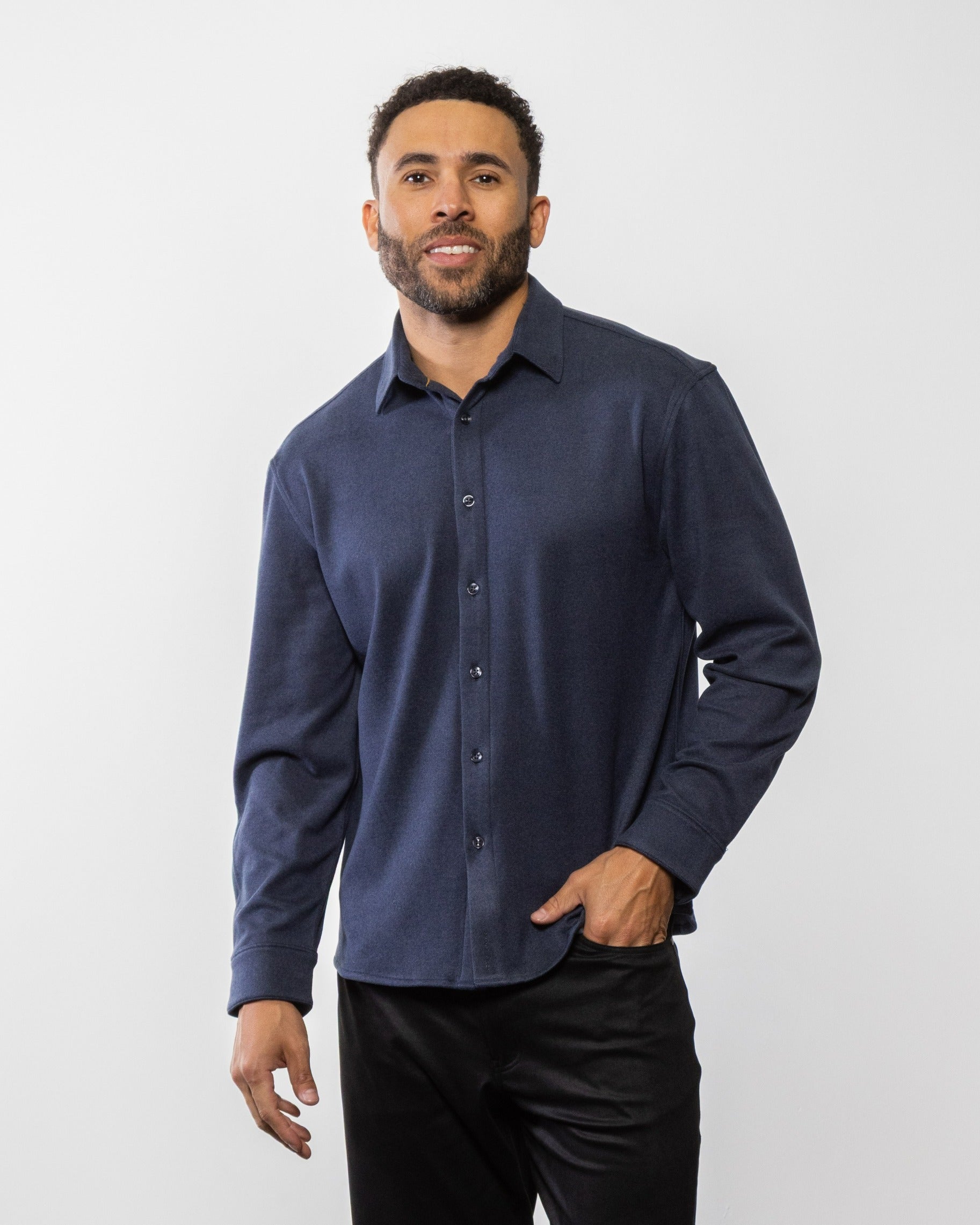 Indigo long-sleeve button-up shirt with collar and front buttons