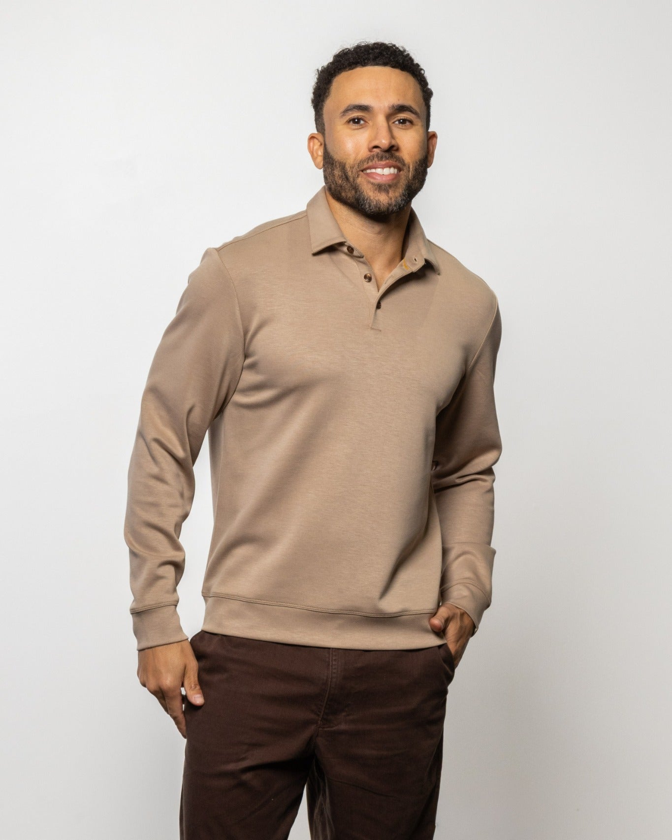 MATTEO polo shirt, mocha knit long sleeve