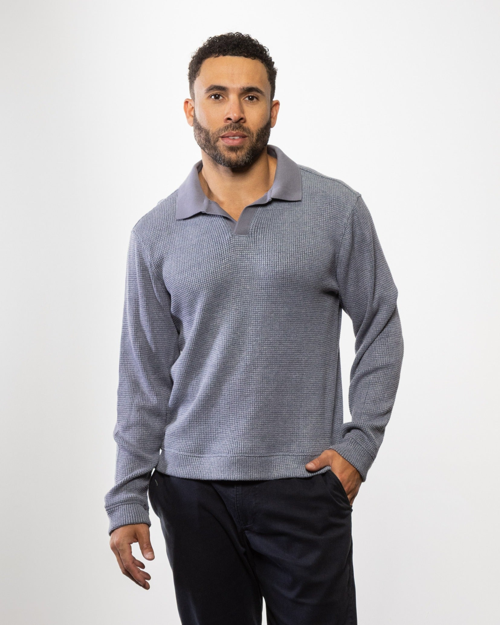 Men's knit sweater with long sleeves and polo neck in sky blue