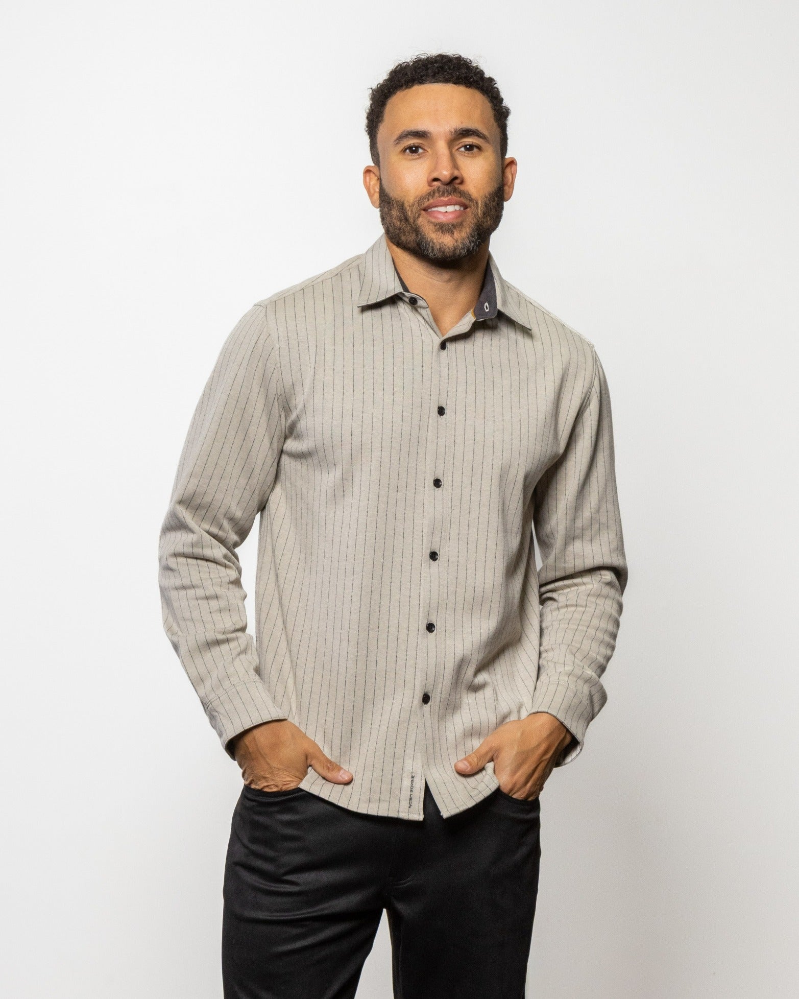 Men's pinstripe button-up shirt in light birch with long sleeves and chest pockets