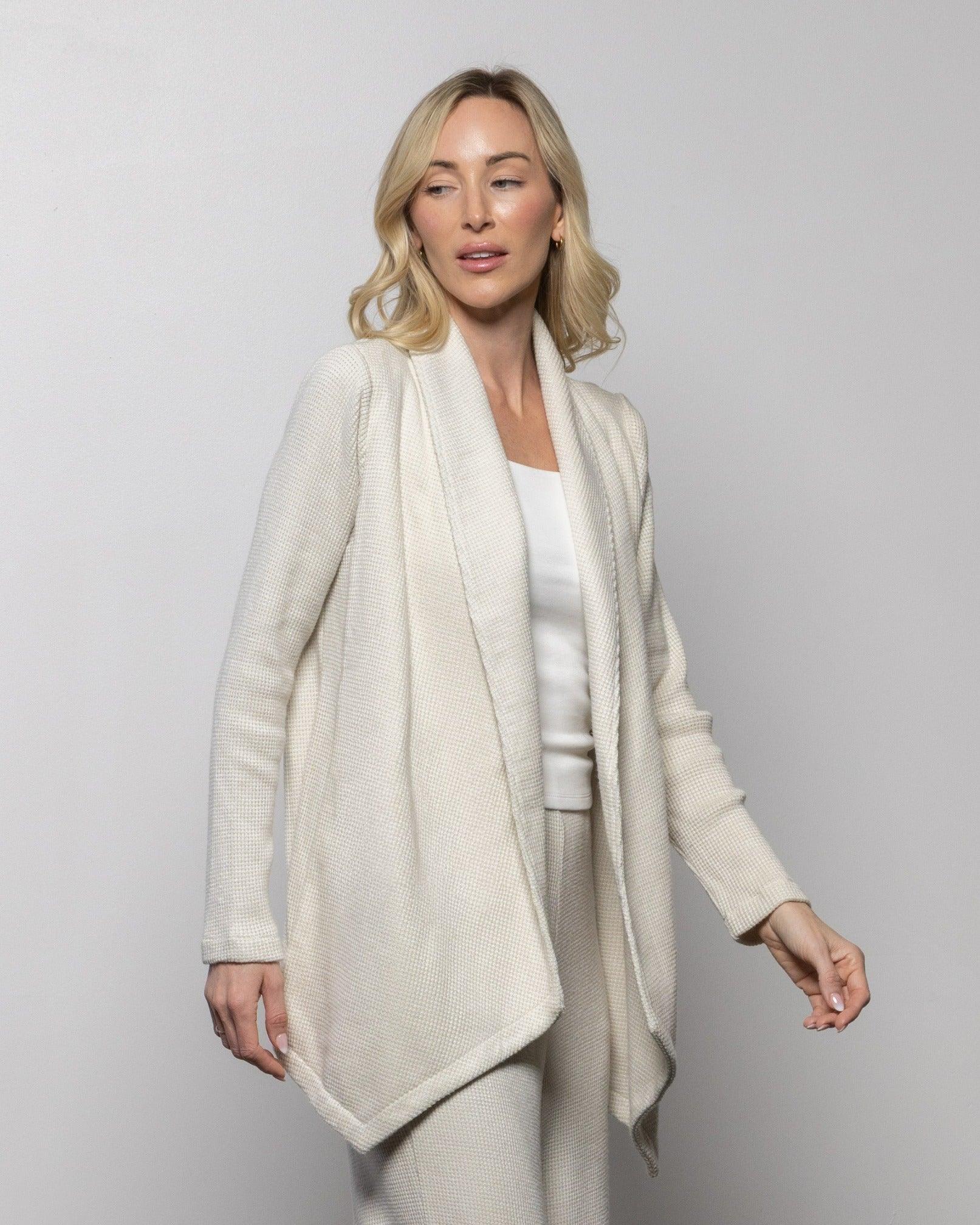 Textured birch wrap jacket with open front and long sleeves
