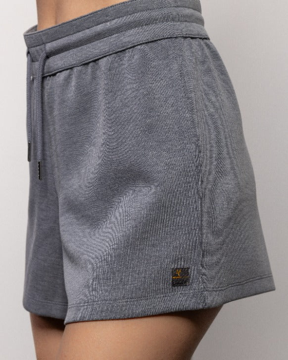 Heather gray drawstring shorts with back patch pocket