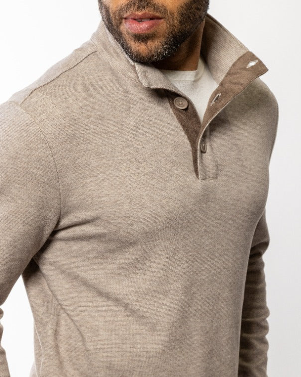 Men's mock neck button polo sweater in light brown