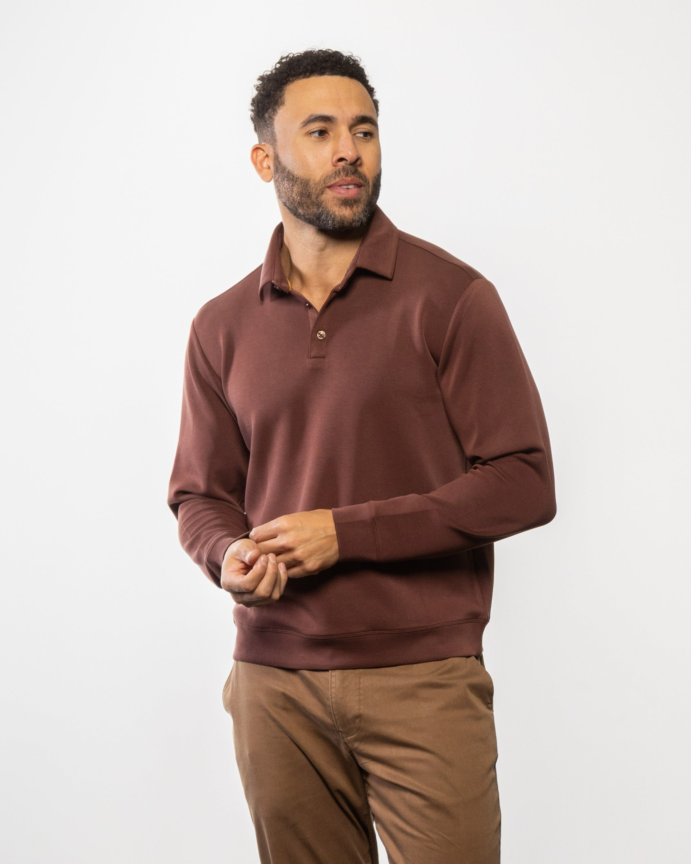 Tall men's long-sleeve polo shirt, brick-brown, buttoned collar