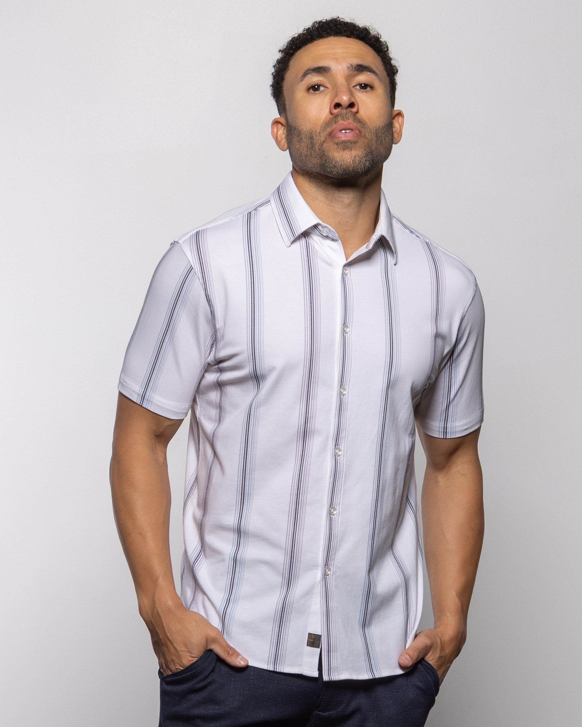 Men's short-sleeve button-up shirt in white with vertical light-blue stripes