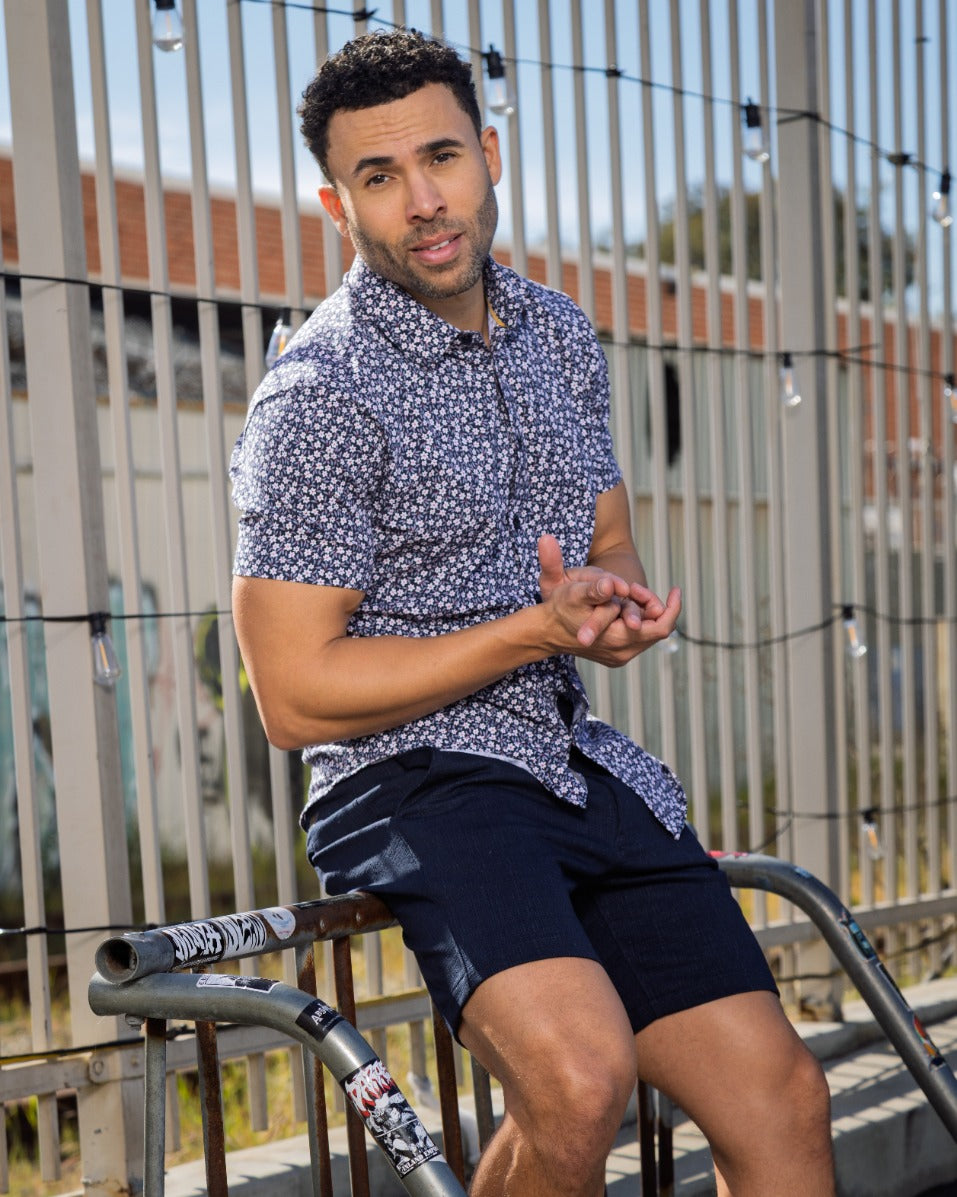 Men's indigo floral short-sleeve button-up shirt, front view