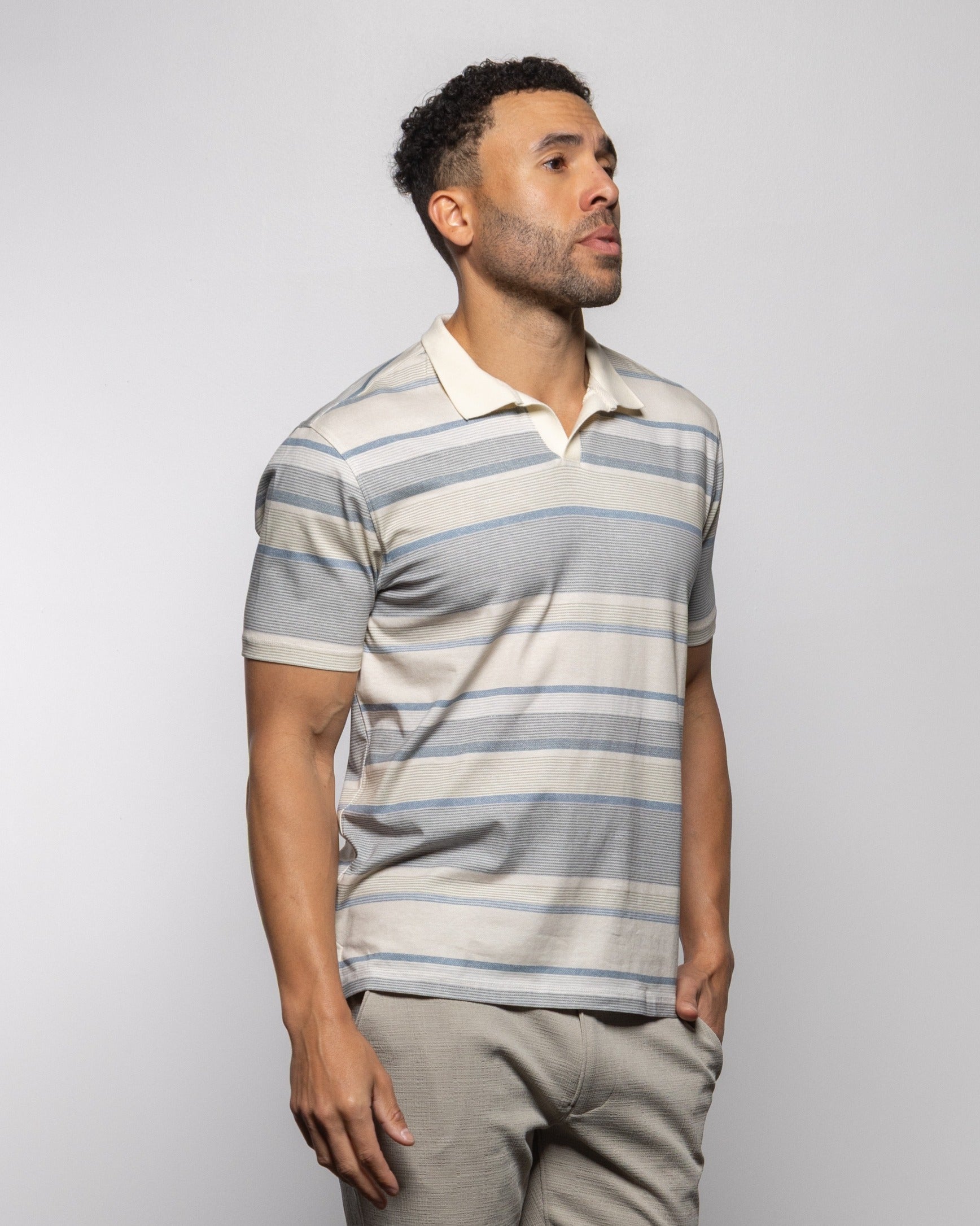 Daily Stripe Johnny polo shirt, short-sleeve striped in blue and gray on white