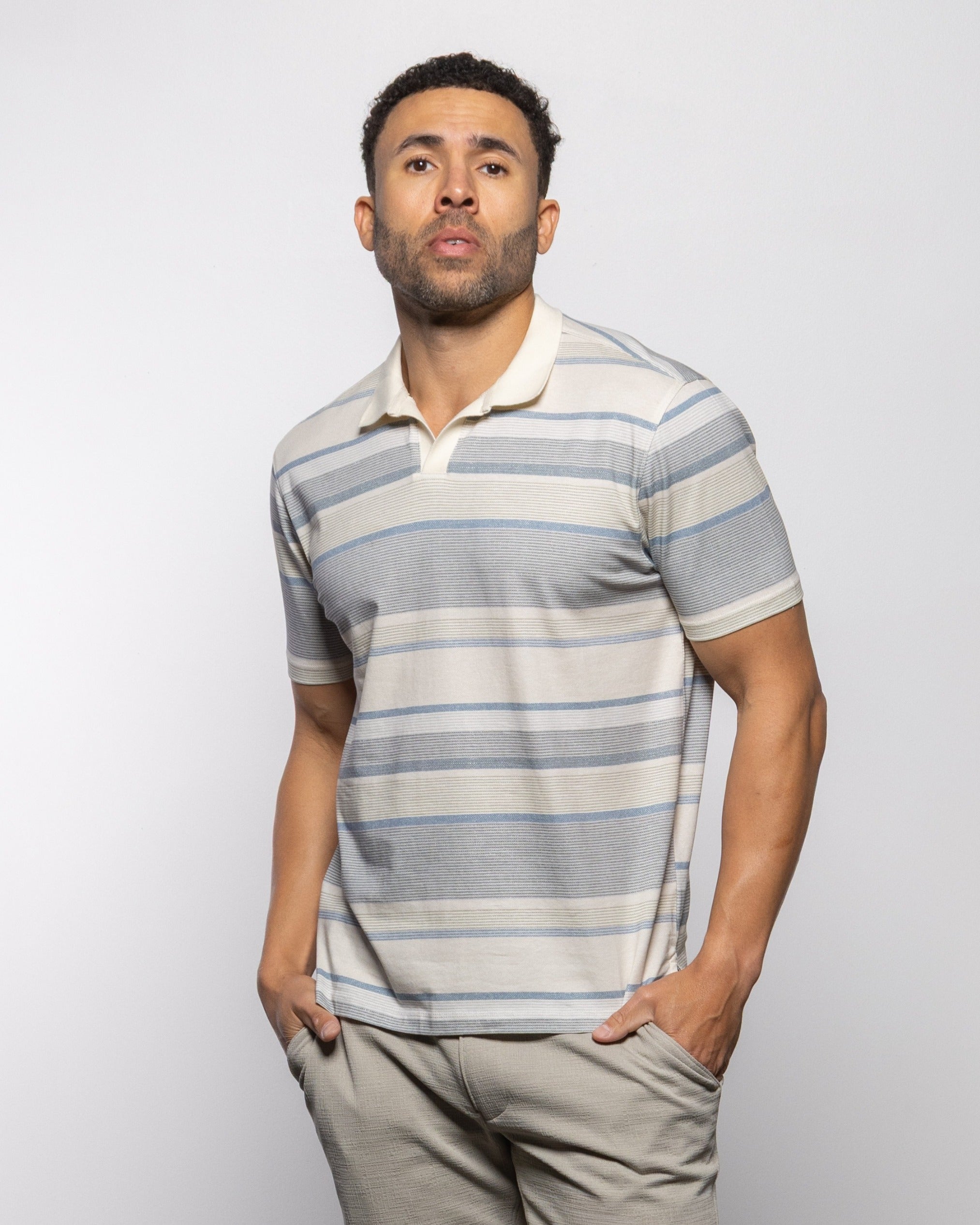 Daily Stripe Johnny polo shirt, front view with button collar and blue-gray stripe pattern
