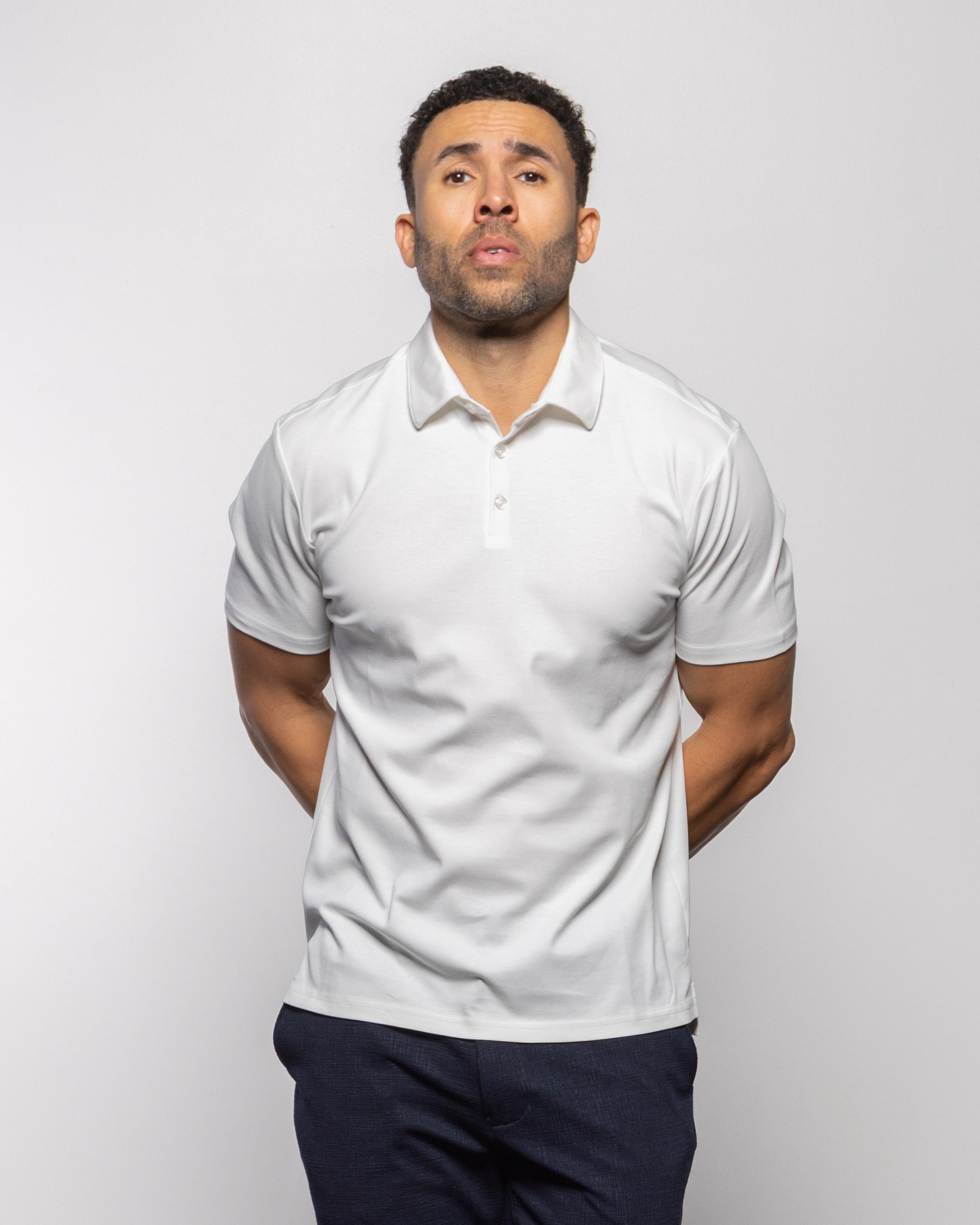 CISCO summer white polo shirt with buttoned collar and short sleeves, front view