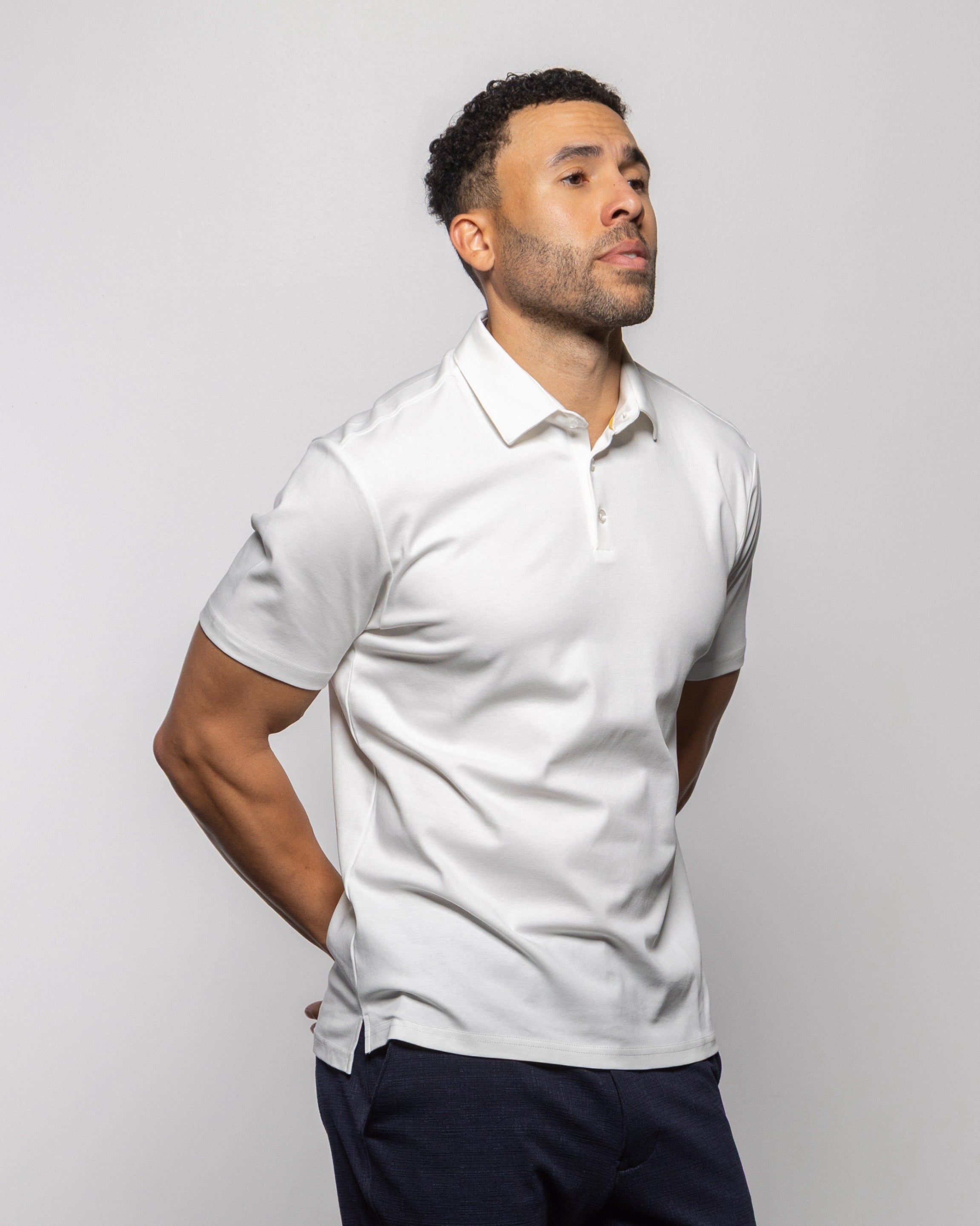 CISCO summer white polo shirt, short sleeves, buttoned placket, side view