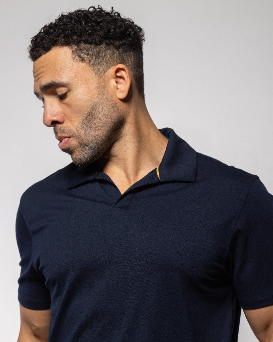 Men's indigo night polo shirt collar with short sleeves and button placket