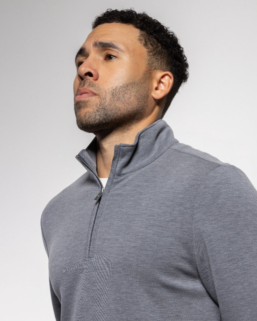 Gray quarter-zip pullover top with high collar and zipper at neckline