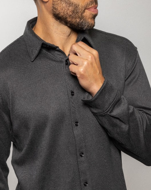 Men's jet-black long-sleeve button-up shirt, button cuffs and front placket