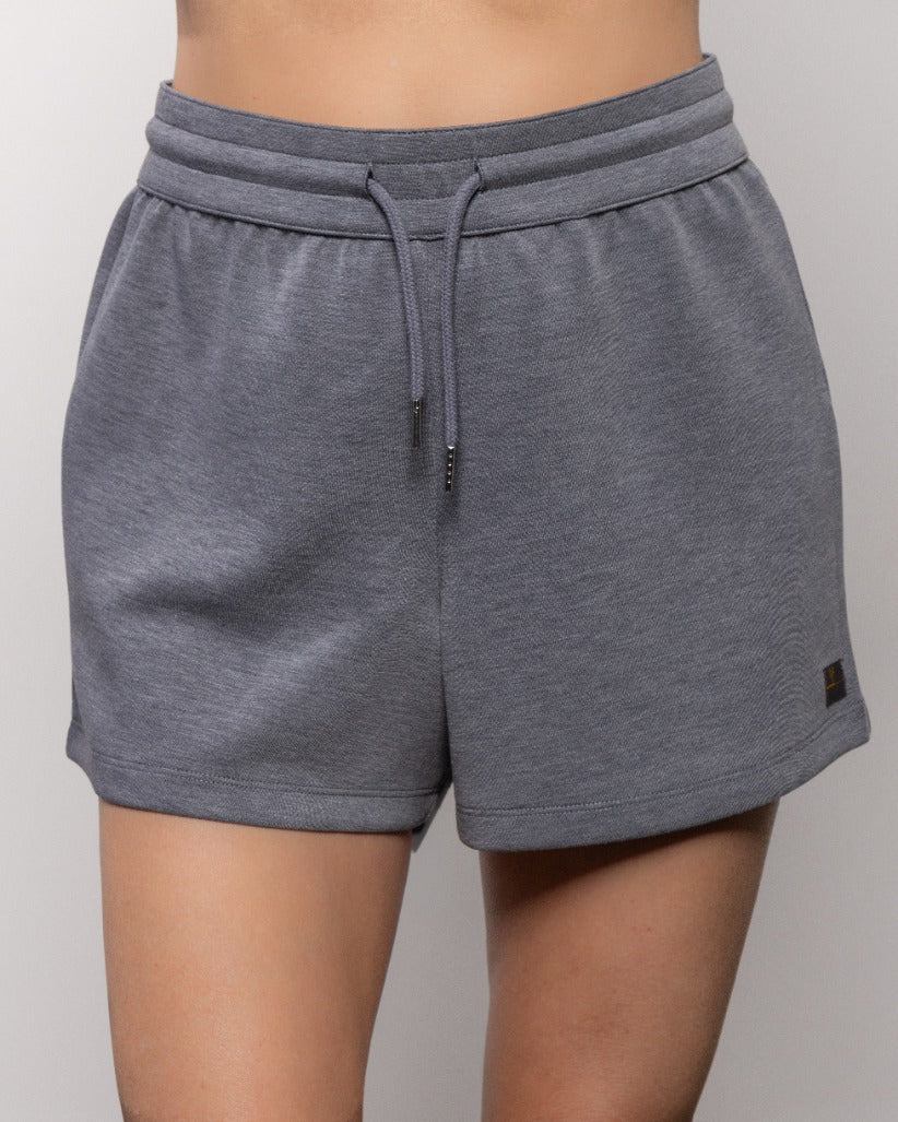 Heather gray fleece shorts with drawstring waist and side pockets