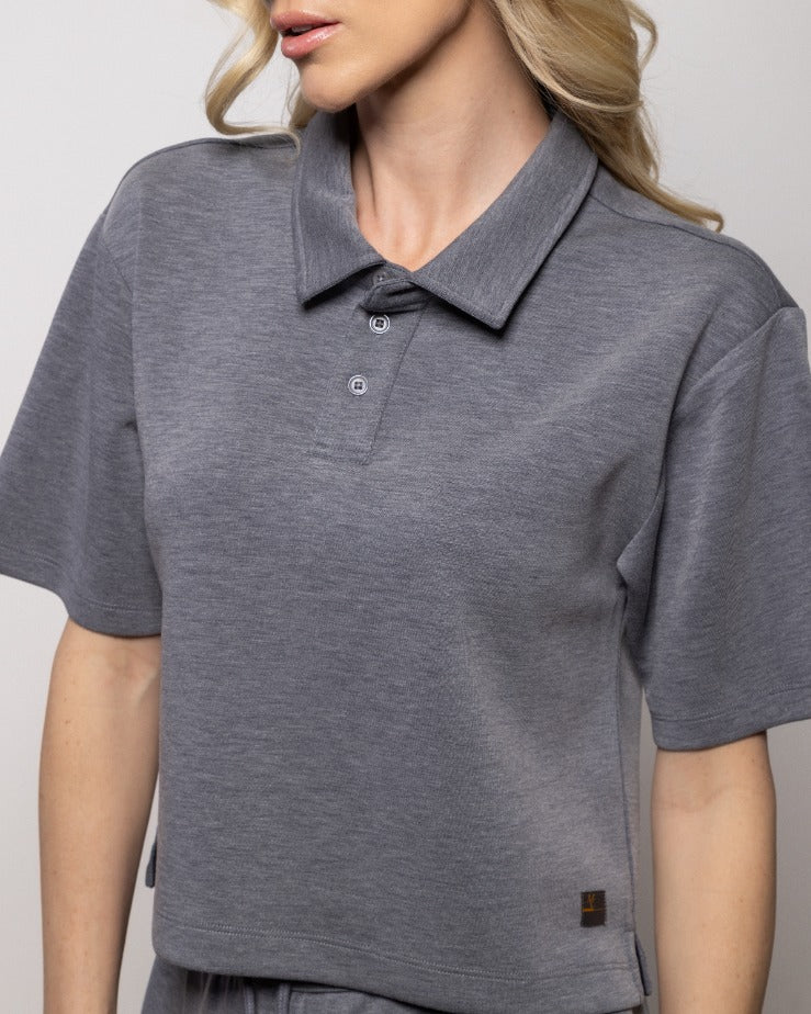 Dark heather gray polo shirt with short sleeves and 3-button placket
