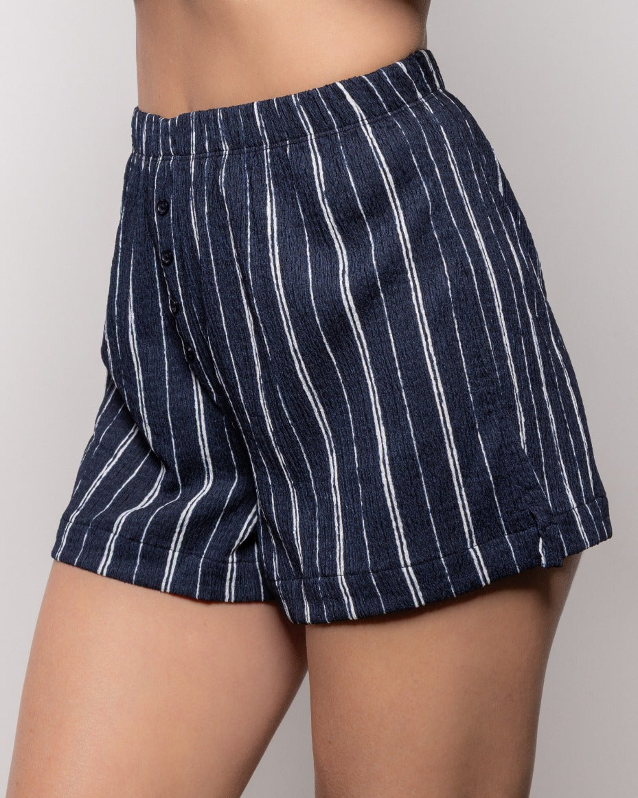 Indigo striped shorts with button detail and front pockets