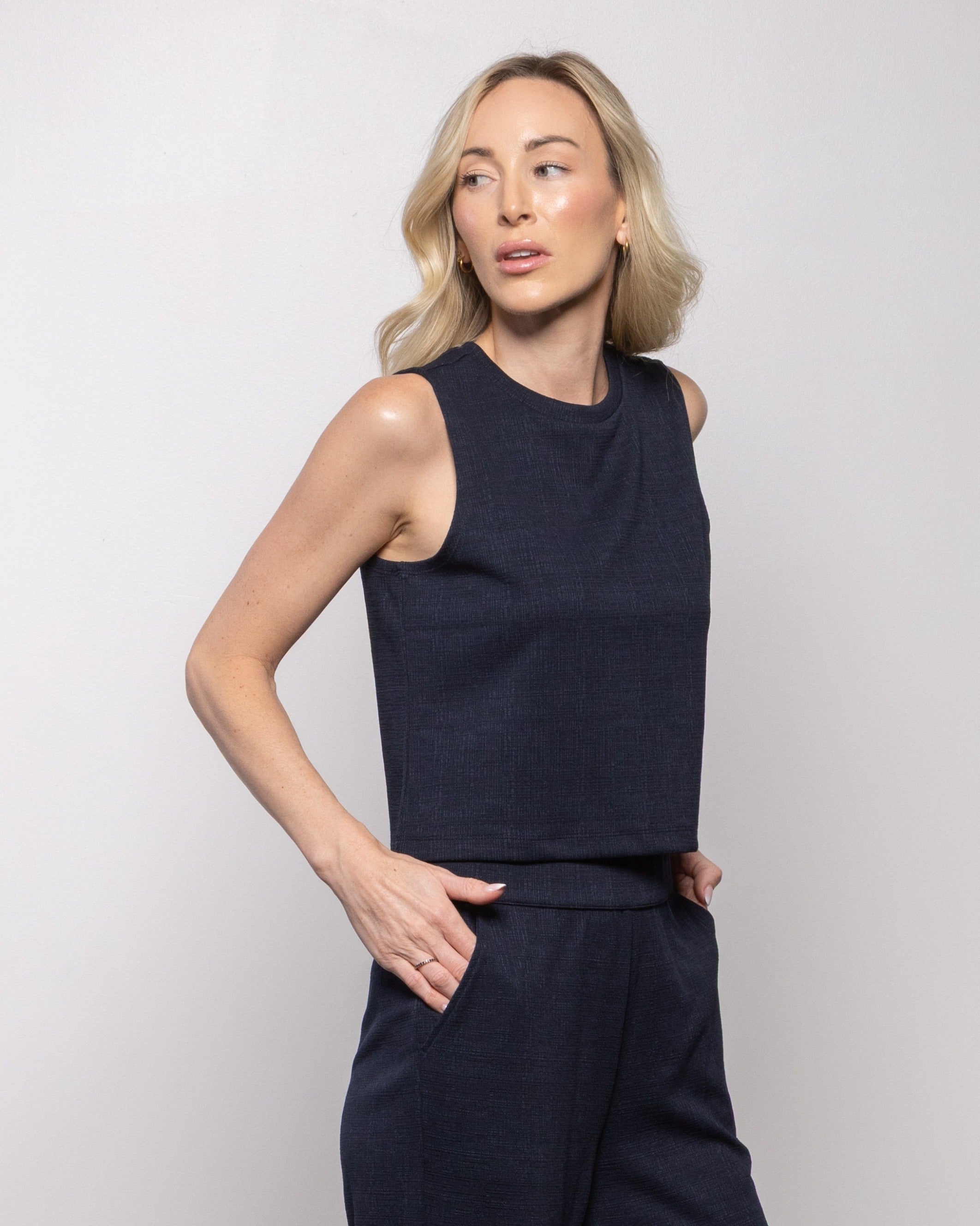 Indigo night sleeveless tank top, crew neck, straight hem, front view